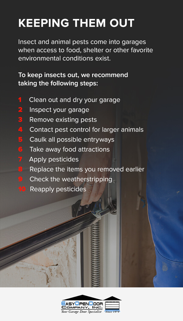 Steps to keep insects and animal pests out of your garage.